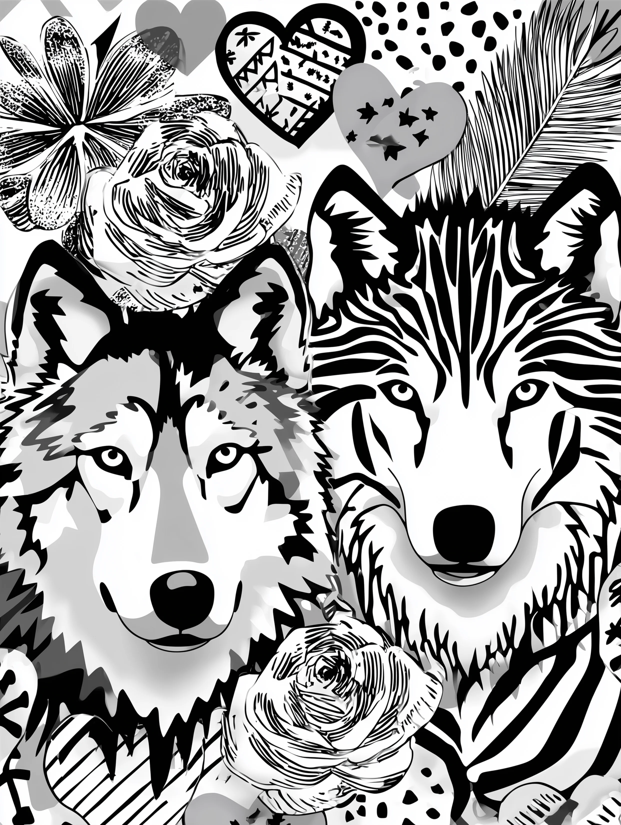 Free printable wolf coloring page for adults featuring two wolves standing close together